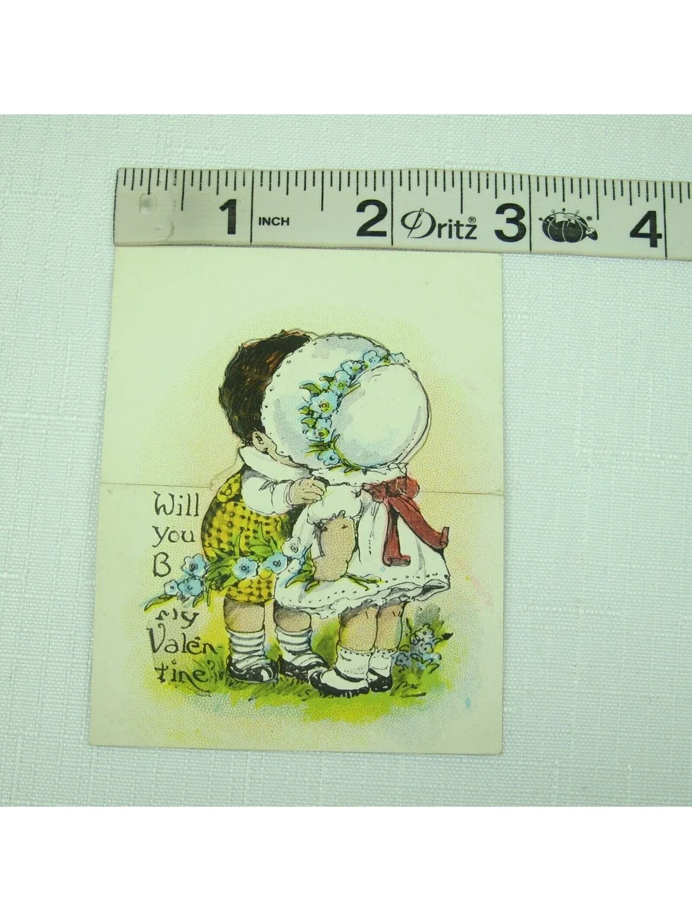 Vintage Valentine Boy Kisses Girl White Bonnet Blue Flowers Cutout Card Stand Up